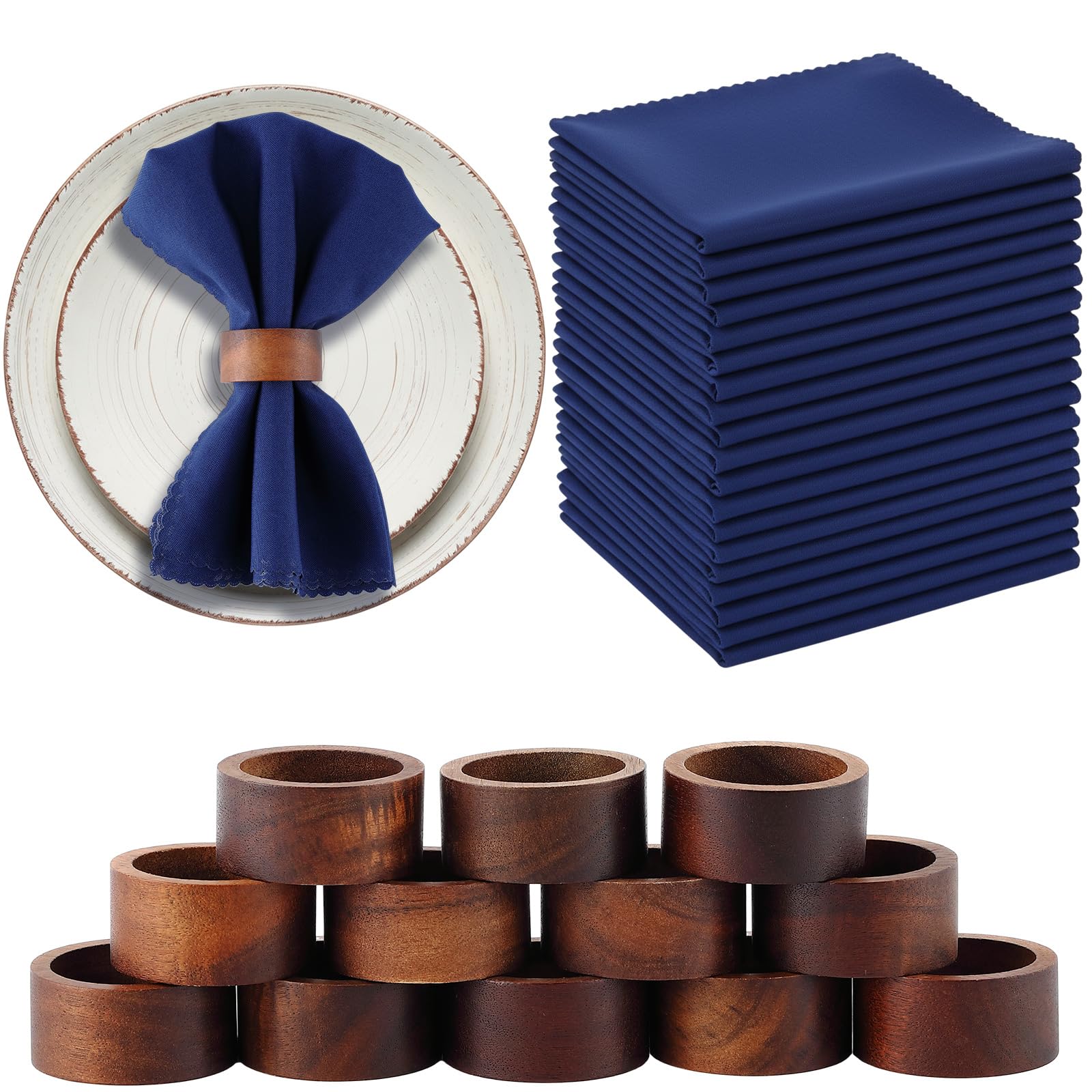 Preboun Set of 12 Navy Blue Cloth Napkins and Rings 18 x 18 Inch Blue Buffalo Plaid Cloth Napkins Wood Rings for Christmas Winter Thanksgiving Merry Xmas Holiday Party Daily Dinner Table Decoration