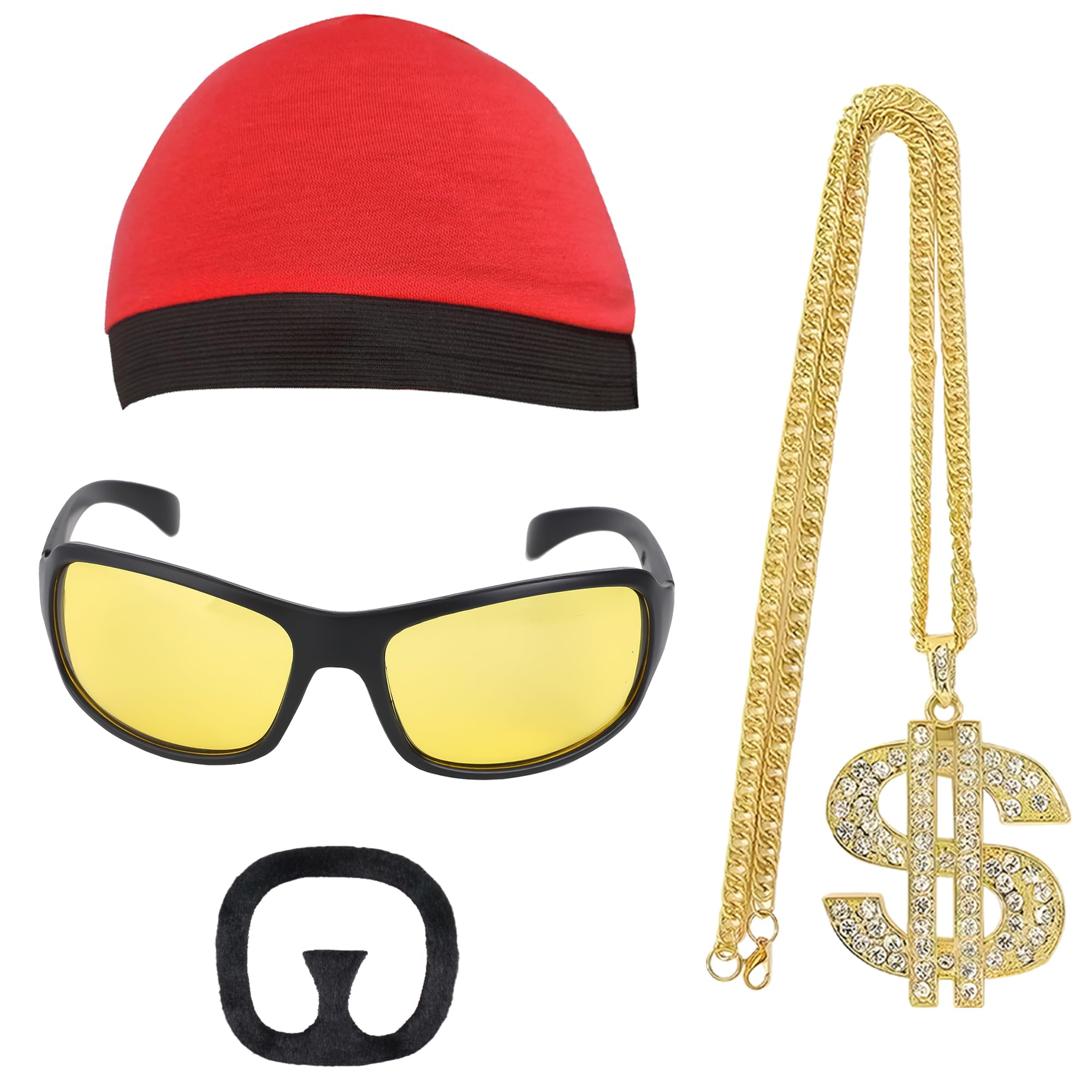 cadelon Rapper Costume 4 Piece Set, 80s 90s Hip Hop Rapper Outfits Kit, Fancy Dress Rapper Accessories with hat, fake beard, necklace, and sunglasses