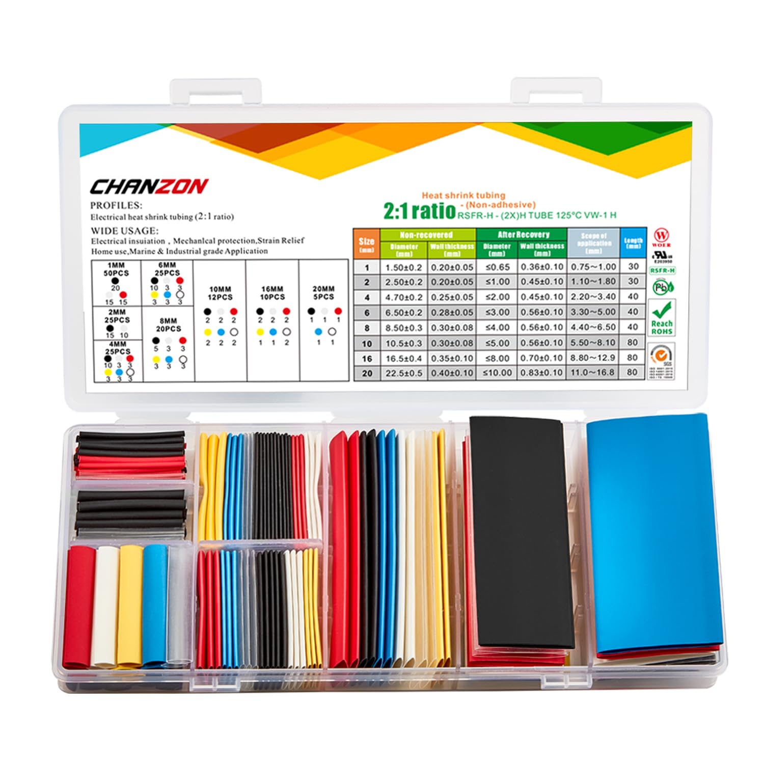 Chanzon 40 Sizes Extra Long Heat Shrink Tubing Assorted Kit UL Listed 2:1 Ratio (1mm-20mm diam) Multi Color Black White Red Blue Clear Yellow Sleeving