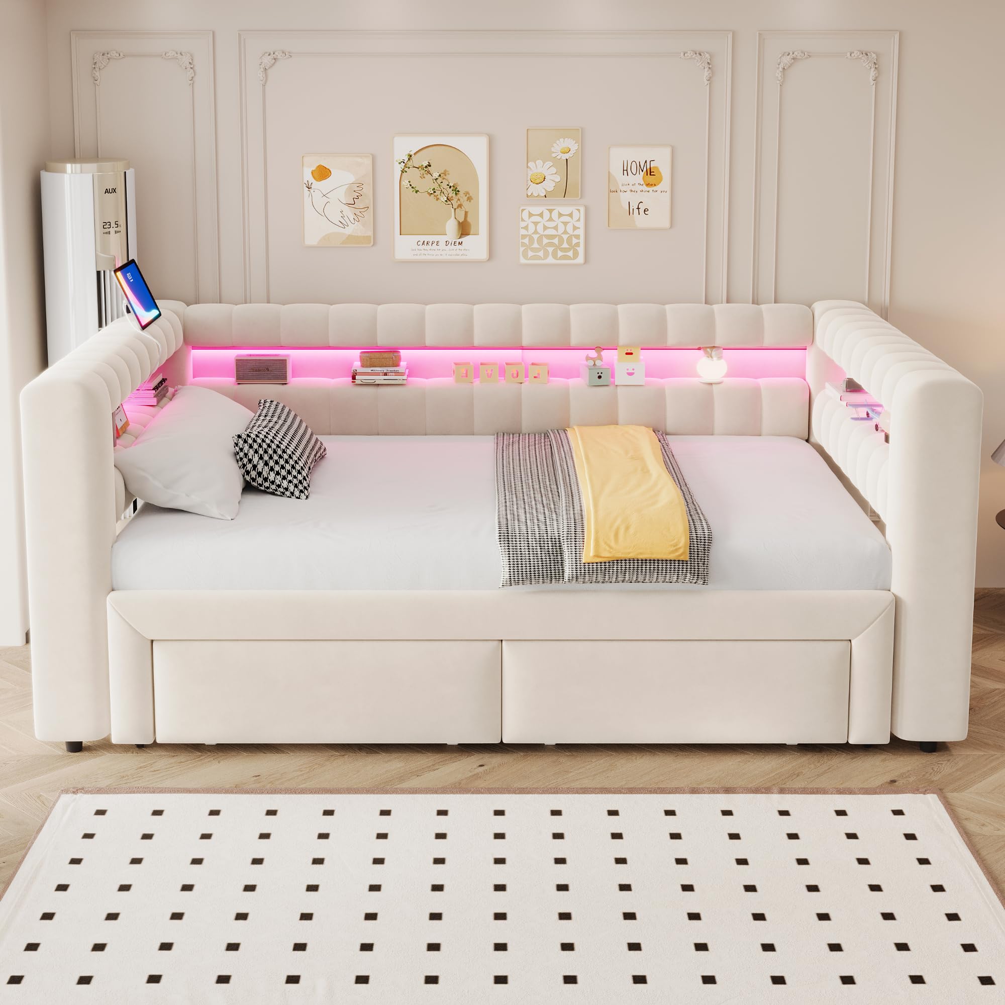 Sapgaks Canapé lit capitonné 90/180x190 cm avec lit gigogne,tiroirs, rangements intégrés,LED,USB et Type-C,Cadre de lit 1/2 Personnes avec sommier à Lattes,Velours,Beige
