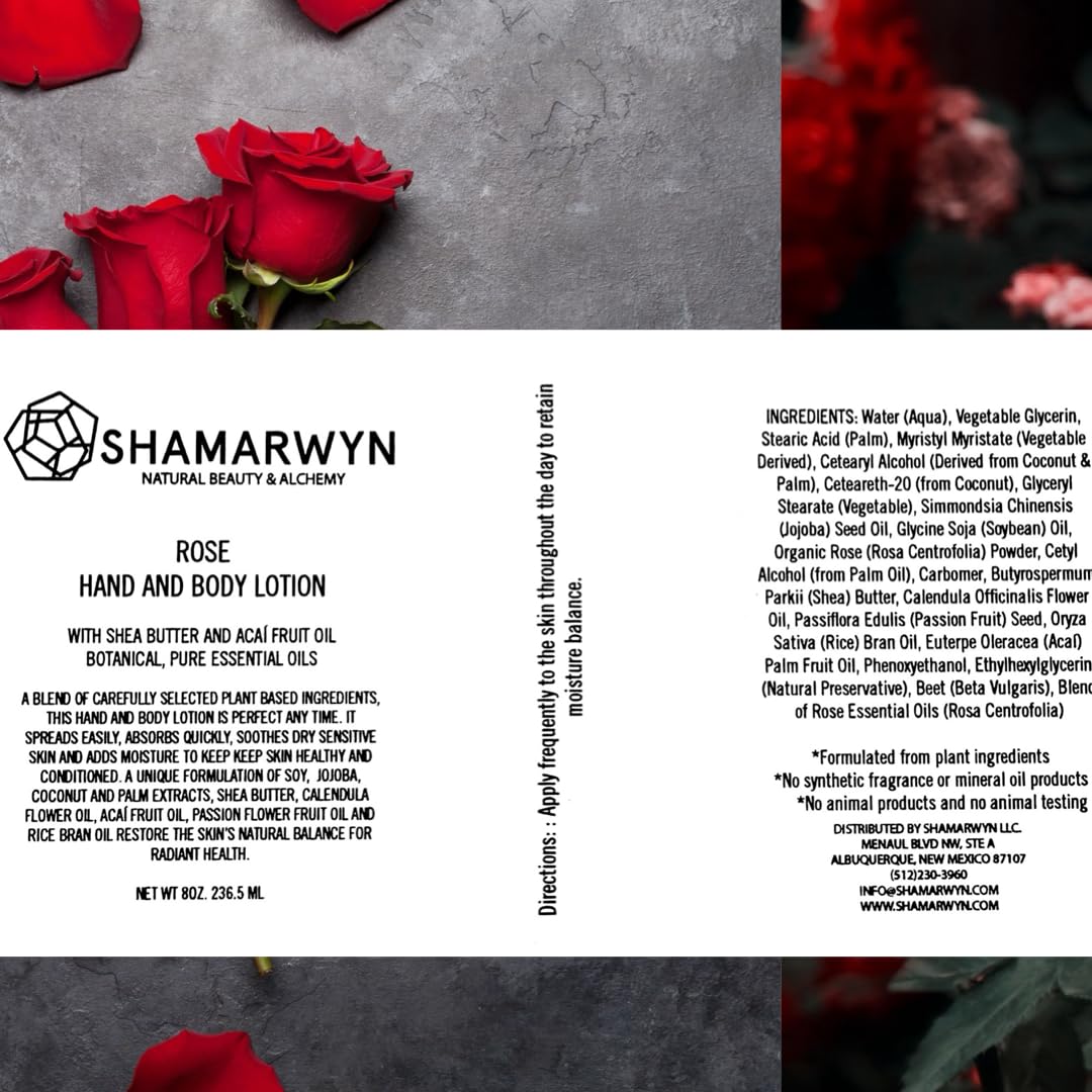 shamarwyn Rose Hand & Body Lotion Natural Organic Shea Butter & Acaí Fruit Oil for Dry Skin 8oz
