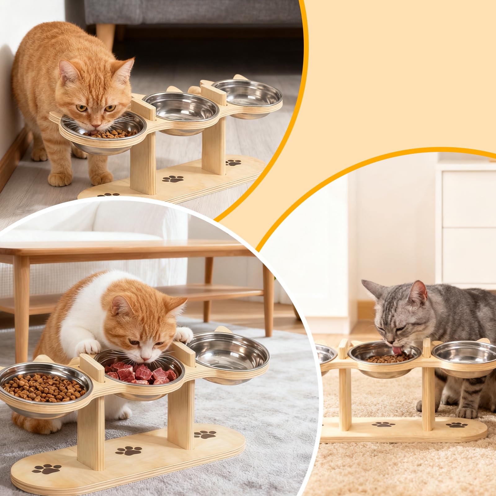 GOMETY Lot de 3 gamelles surélevées 3 en 1 pour chat avec 3 gamelles en acier inoxydable - Hauteur réglable - Avec support en bois - Gamelle ergonomique pour petits chiens