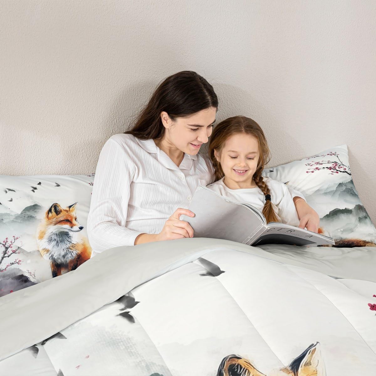 Fox Comforter Set Queen Size,Abstract Vintage Flower Mountain View Bedding Set 3Pcs,Wild Animals Theme Quilt Set for Kids Girls Boys Adult Room Decor,Watercolor Art Duvet Insert,2 Pillowcases