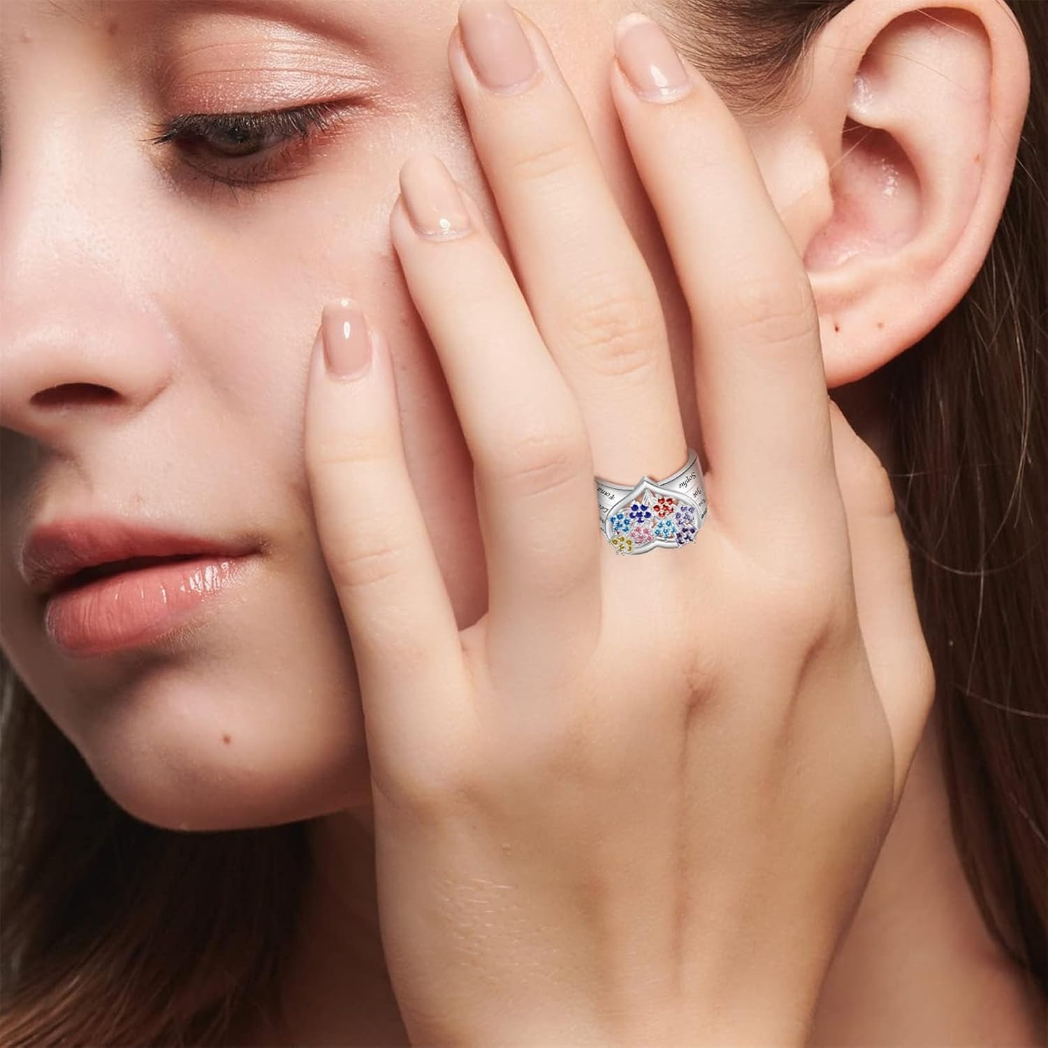 Custom Mothers Ring Personalized Heart Birthstones Ring for Women Engraved Family Ring with Flower Birthstones Gift for Women Birthday Mothers Day