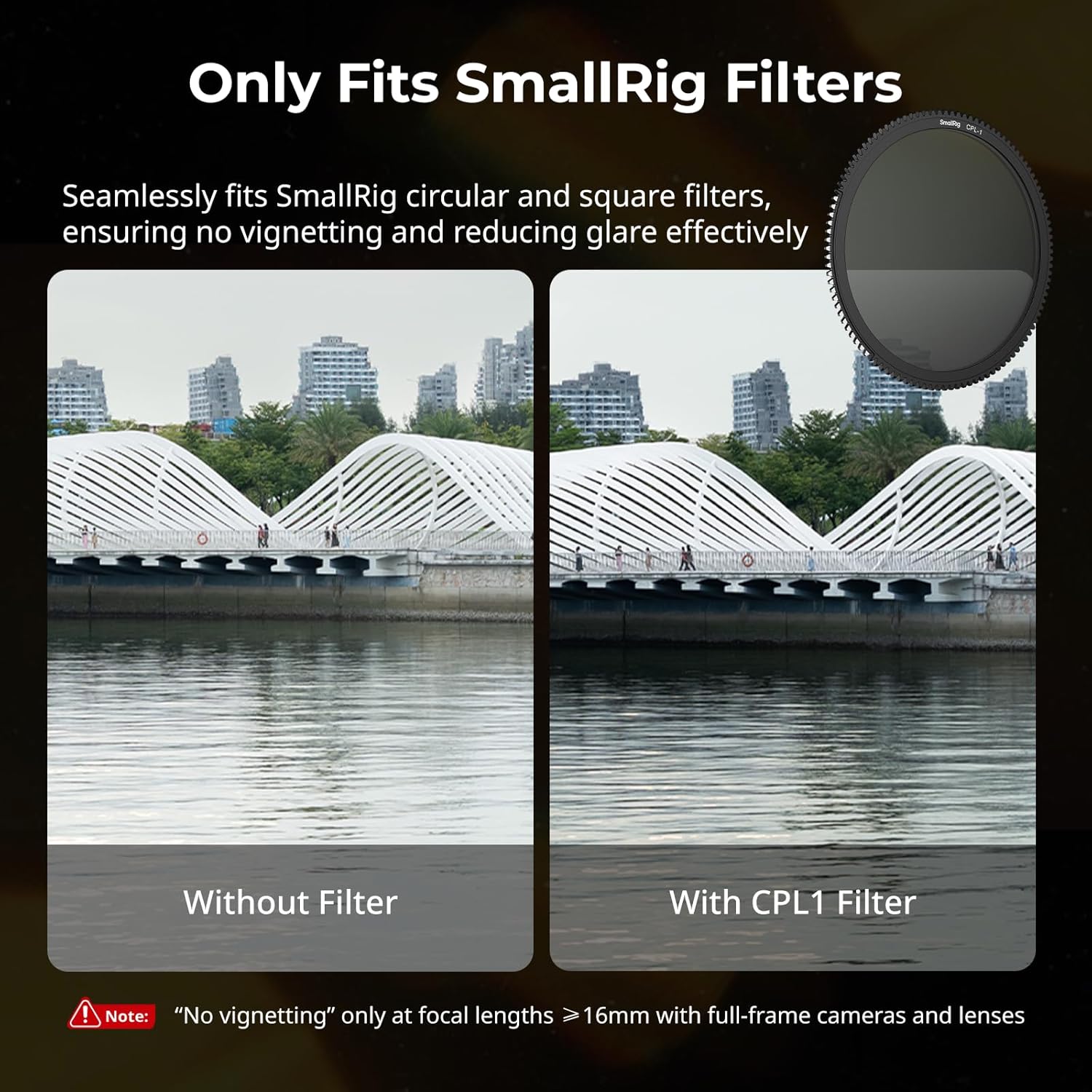 Comparison image showing a scene without a filter and the same scene with a CPL1 filter, demonstrating glare reduction.