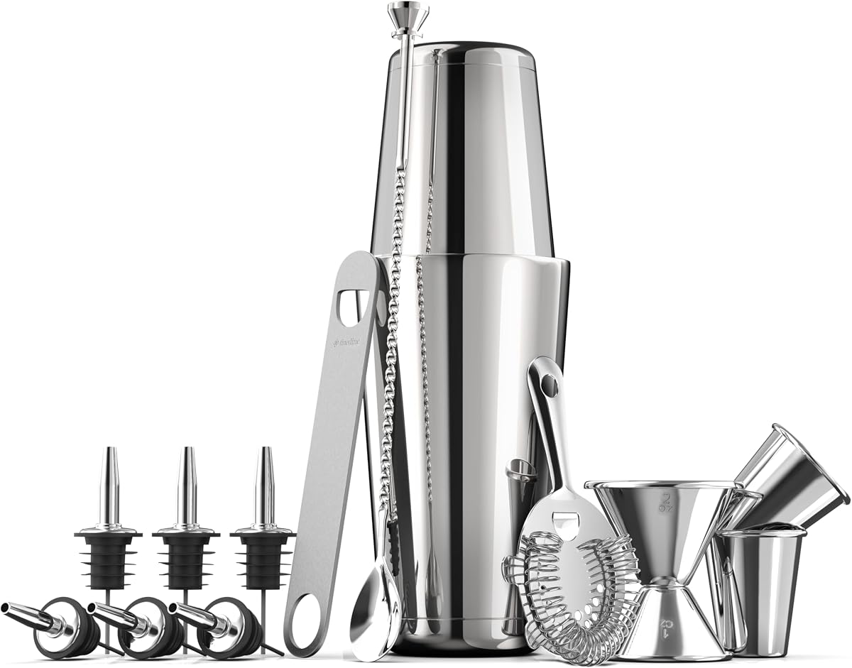 Juego de coctelera de acero inoxidable FineDine, kit de barman de 14 piezas | Bolsa de viaje, mortero y colador para cócteles, jigger, cuchara de bar, abridor de botellas, picos vertedores, juego de herramientas de barra de acero inoxidable