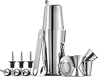 FINEDINE 14-Piece Stainless Steel Cocktail Shaker Set - Boston Shaker, Jigger, Strainer, Spoon Muddler, Opener, Shot Glasses & Pour Spouts for Home Bar