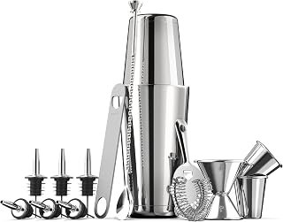 FINEDINE 14-Piece Stainless Steel Cocktail Shaker Set - Boston Shaker, Jigger, Strainer, Spoon Muddler, Opener, Shot Glasses & Pour Spouts for Home Bar
