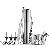 FineDine Stainless Steel Cocktail Shaker Set, 14-Piece Bartender Kit | Travel bag, muddler and strainer for cocktails, jigger, bar spoon, bottle opener, pour spouts, stainless steel bar tool set