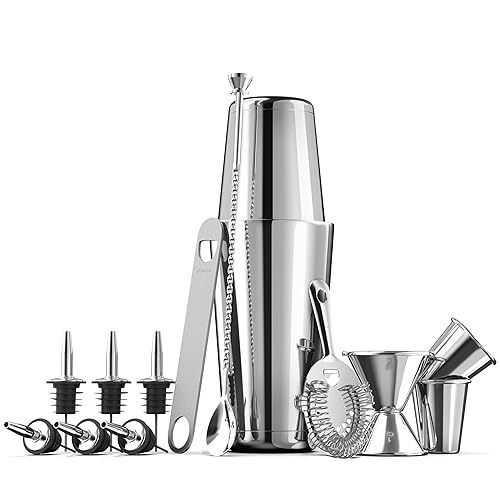 Expert Cocktail Shaker Home Bar Set - 14 Piece Stainless Steel Bar Tools Kit with Shaking Tins, Flat Bottle Opener, Double Bar Jigger, Hawthorne Strainer, Shot Glasses, Bar Spoon, and 6 Pour Spouts.