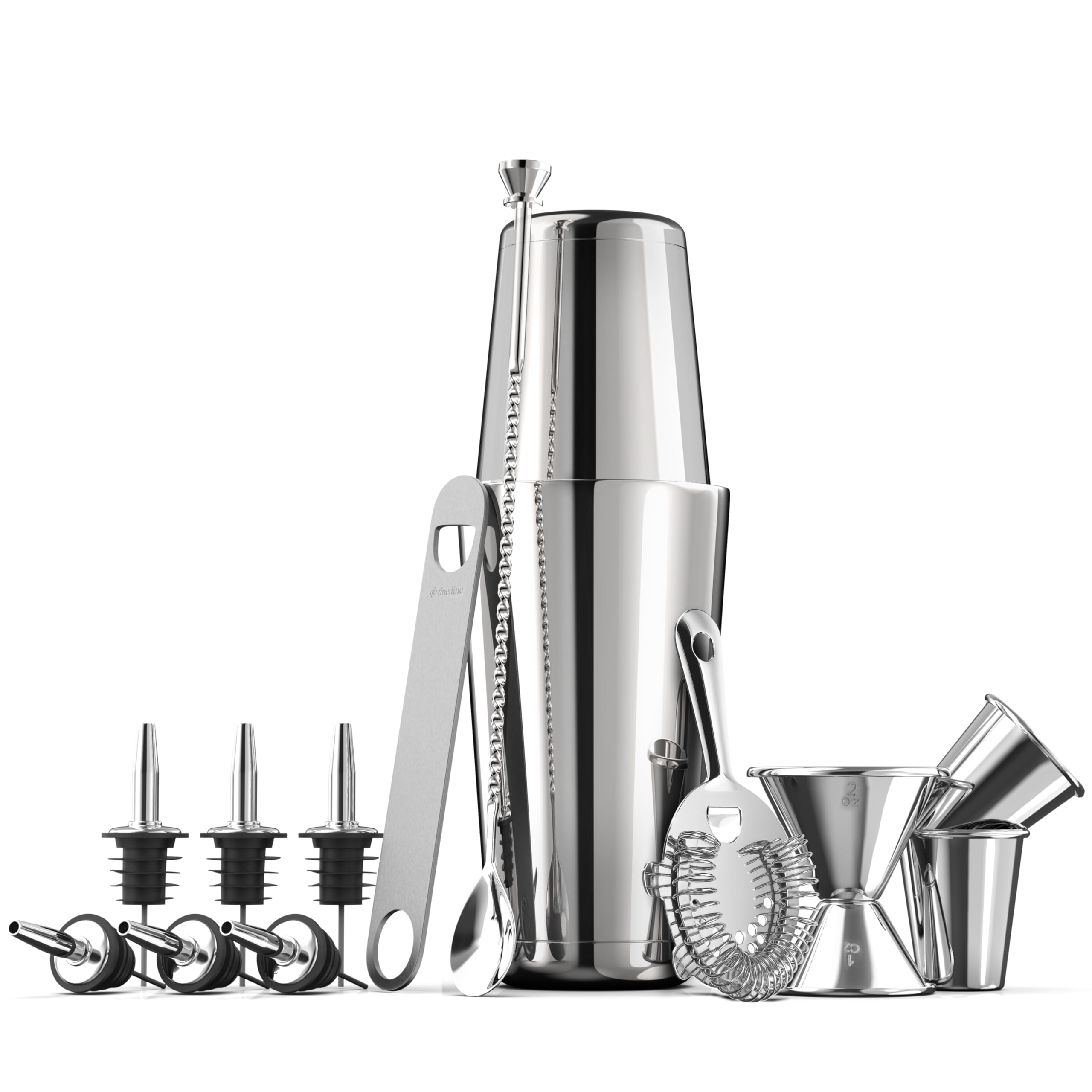 Expert Cocktail Shaker Home Bar Set - 14 Piece Stainless Steel Bar Tools Kit with Shaking Tins, Flat Bottle Opener, Double Bar Jigger, Hawthorne Strainer, Shot Glasses, Bar Spoon, and 6 Pour Spouts.