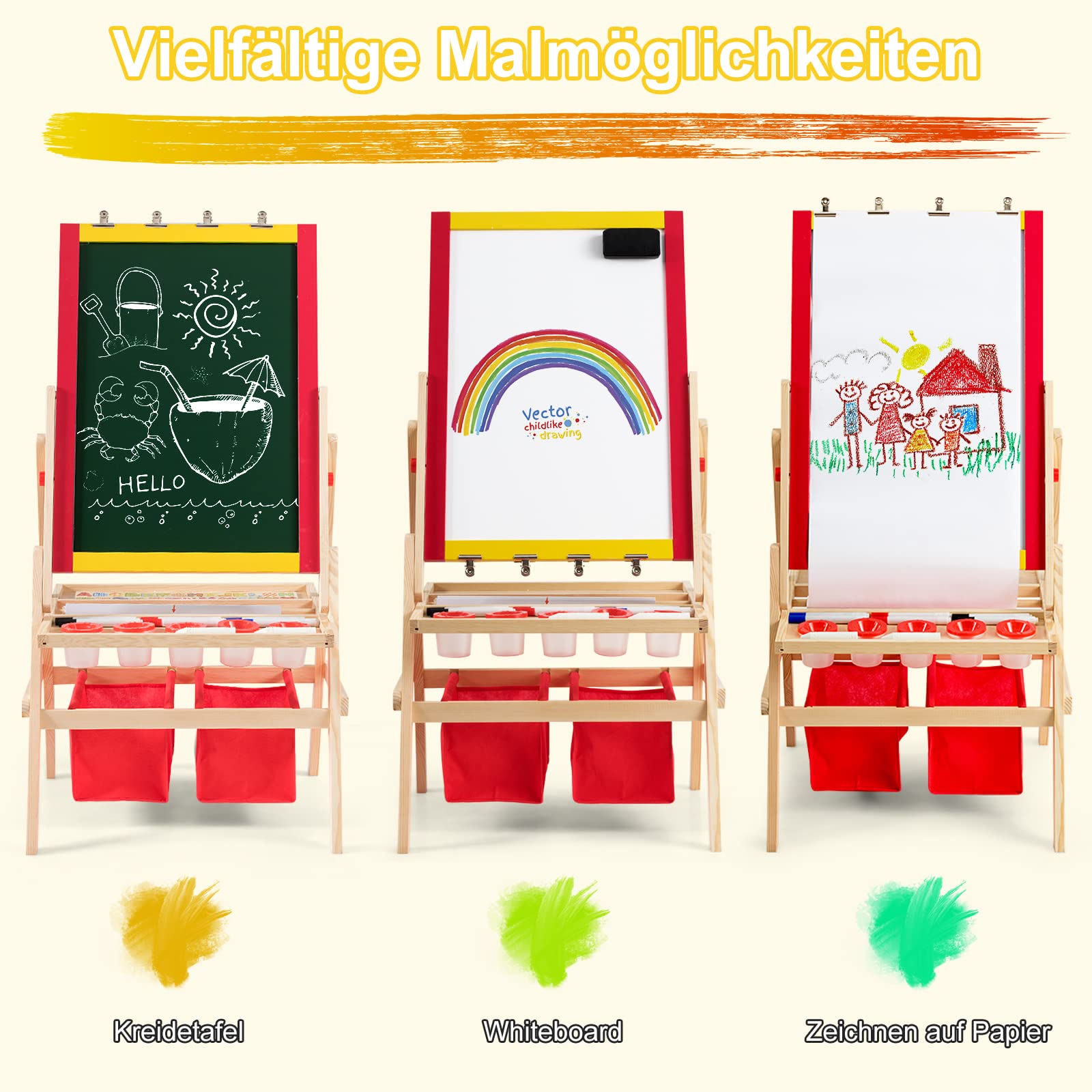 DREAMADE Kinder-Staffelei aus Holz, Doppelseitige Standtafel mit Kreidetafel und magnetischem Whiteboard, Höhenverstellbare Maltafel, inklusiv Malpapier, 2 Aufbewahrungsboxen, Halterung usw.