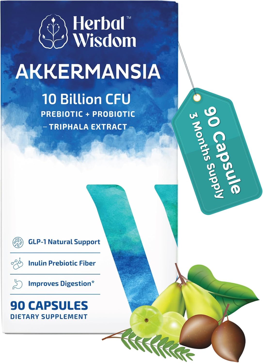 Akkermansia Probiotic 10 Billion CFU - Advanced GLP-1 Support, Probiotic+Prebiotic | for Gut & Metabolism Support - No Bloating | with Inulin & Triphala | (90 Capsules - 3 Month Supply)