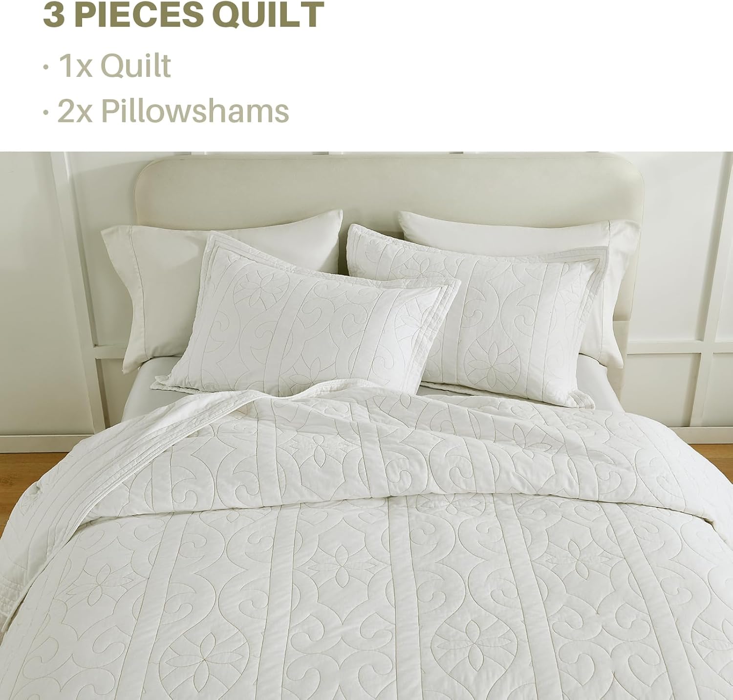 PANGUSHAN 100% Cotton Quilt Set King Size, Embroidery Pattern Bedding Set Bedspreads, Farmhouse Lightweight Comforter, White Beige Reversible Quilt for King Bed, 3 Pieces