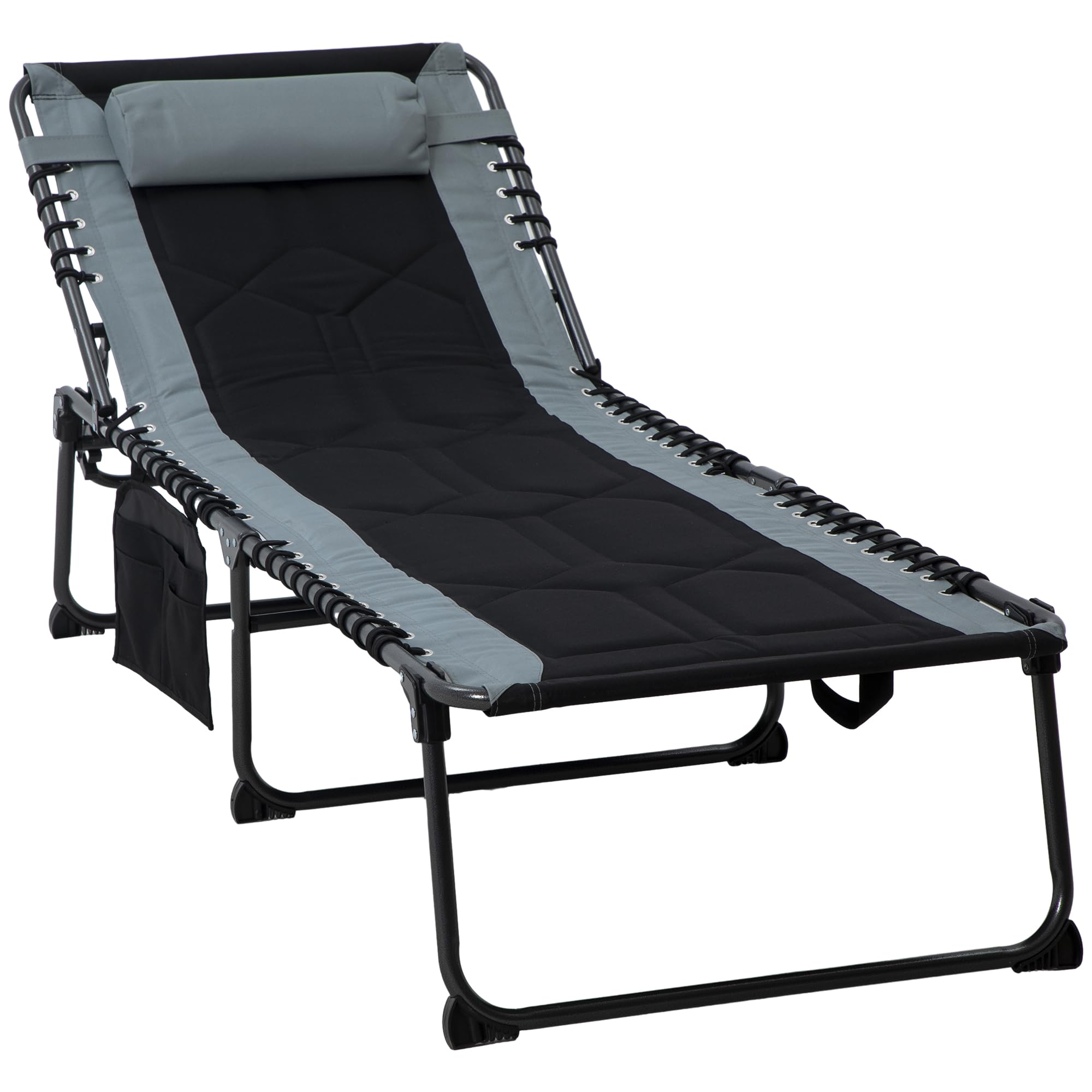 Outsunny Folding Chaise Lounge w/ 5-Level Reclining Back, Outdoor Tanning Chair Lounge Chair w/Padded Seat, Side Pocket, Headrest, Carry Strap, for Beach, Yard, Patio, Black