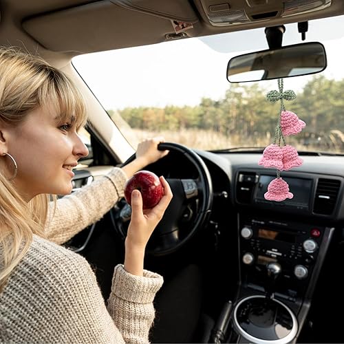 Miniatura 6 de Accesorios para colgar espejos de automóvil, colgante de flor de lirio tejido hecho a mano, bonita decoración colgante de ganchillo para espejo