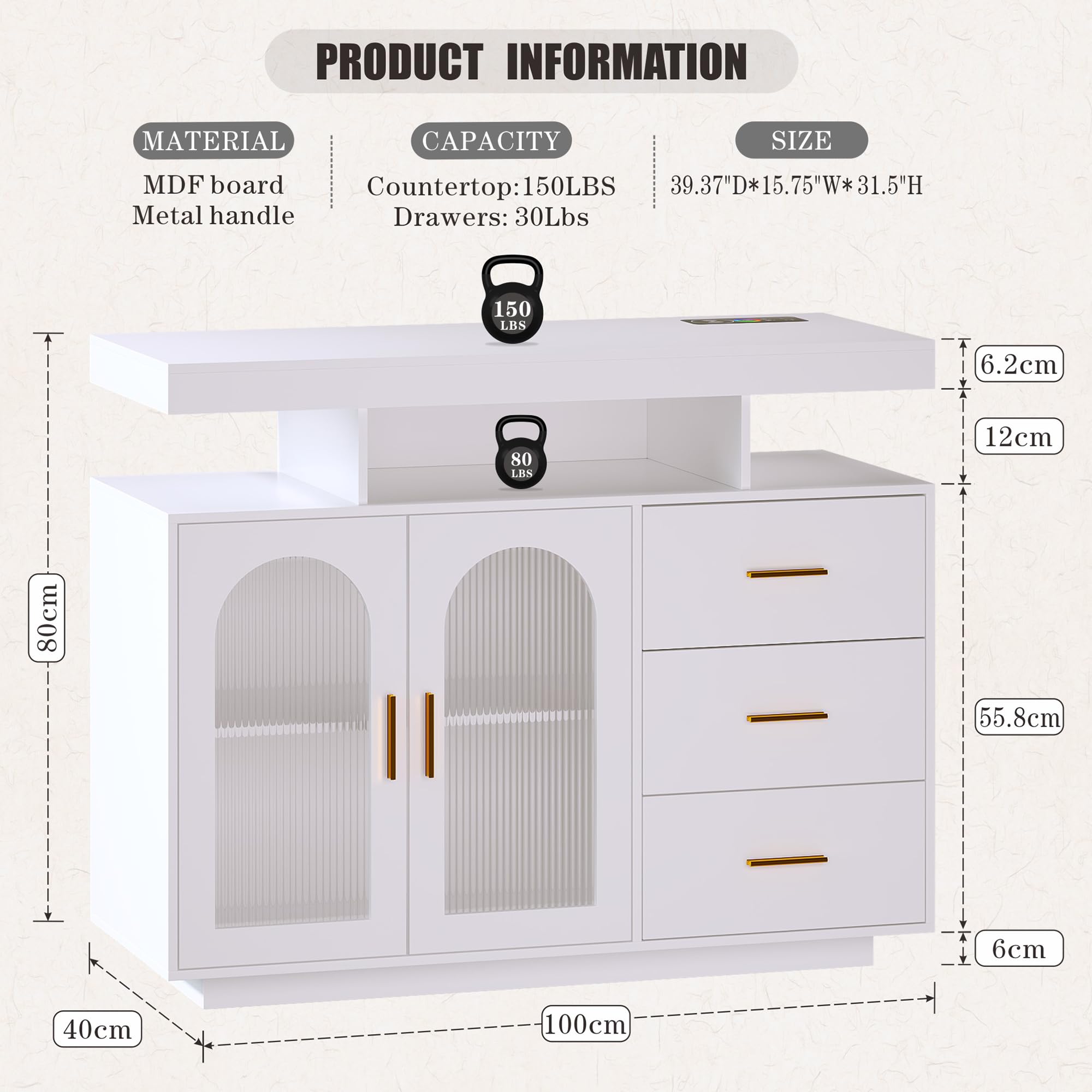 FREDEES küchenschrank Sideboard mit 3 Schubladen, Buffetschrank mit Auto-Sensor 20 Farbe Lichter Konsolentisch mit Ladestation, Touch Control Konsole Kaffee-Bar-Tisch für Küche, Esszimmer (weiß)