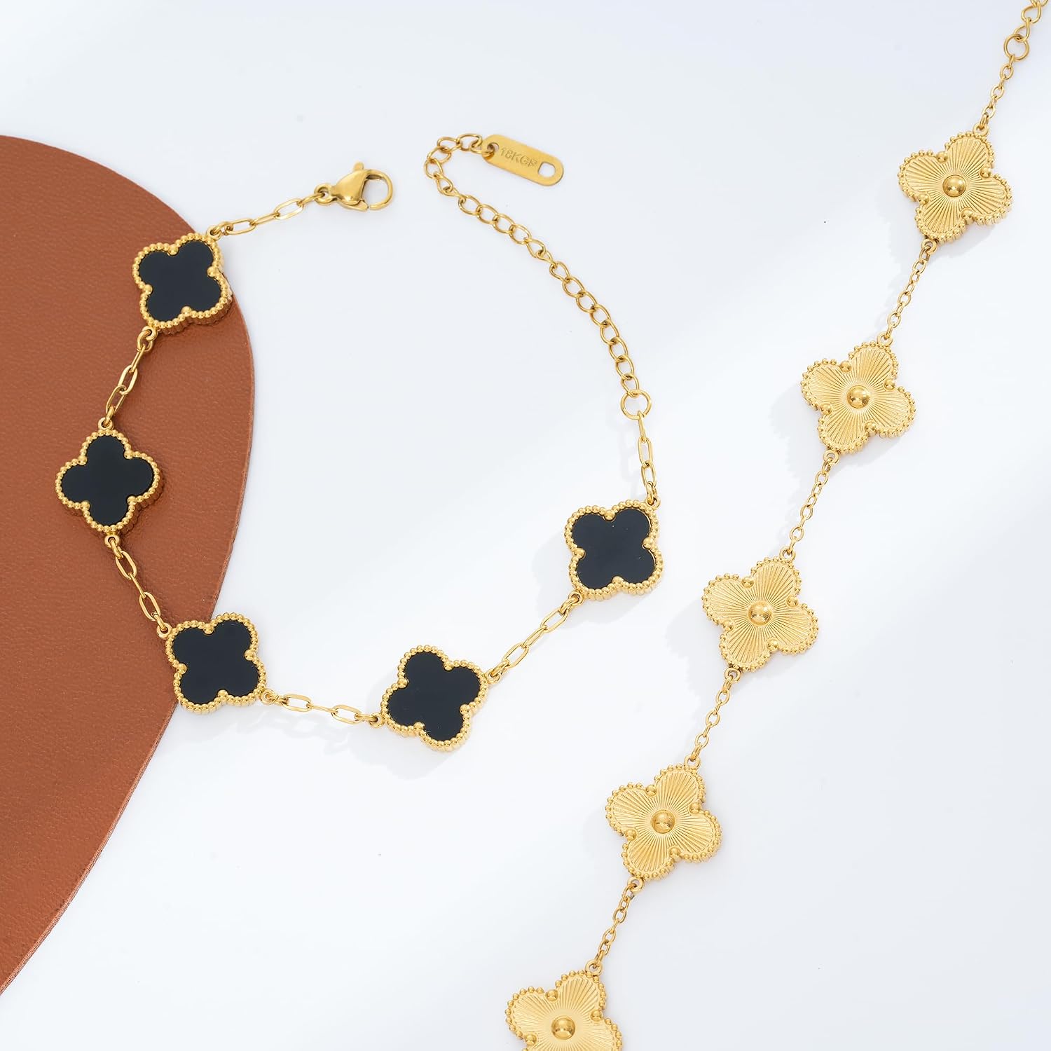 Waterproof Four-Leaf Clover Bracelet,Adjustable Link Double Sided Jewelry, Lovely Fashion Jewelry Gift for Women