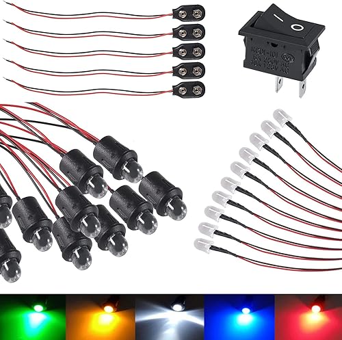 ATNSINC 25 bombillas LED de 12 V y 0.394 in, diodos emisores precableados con 10 soportes, clip de batería e interruptor para decoración del hogar