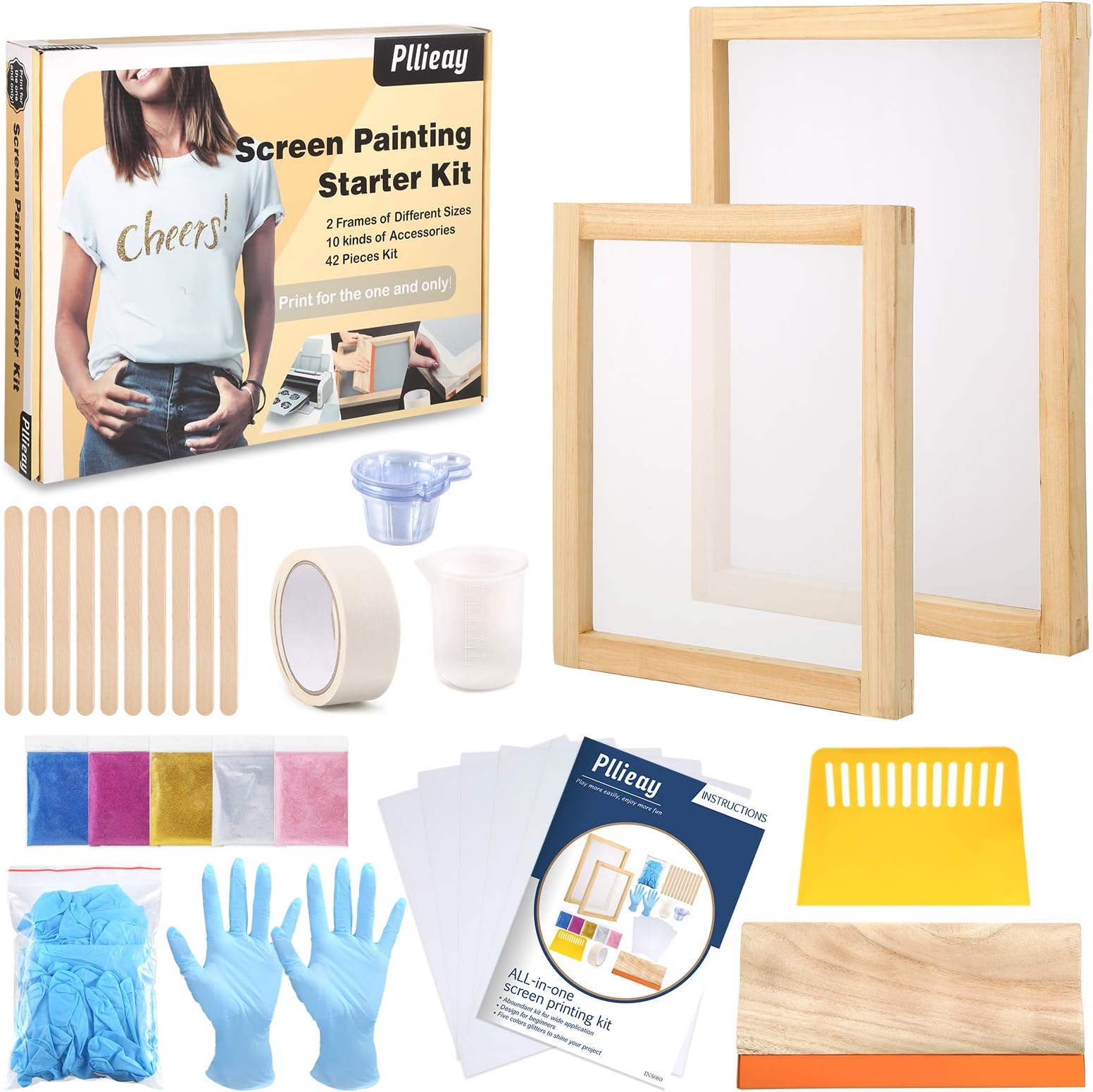 Pllieay 42 Pieces Screen Painting Starer Kit with Instructions, Include 2 Pieces Wood Silk Screen Printing Frames, 5 Colors Fine Glitter, Screen Printing Squeegee, and Waterproof Transparency Films