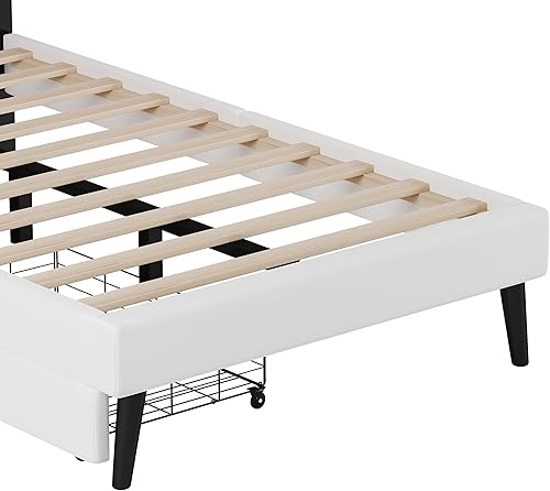 Miniatura 48 de Elegante cama de princesa tapizada de tamaño matrimonial con cabecera corona, plataforma de piel sintética con soporte resistente de listones para