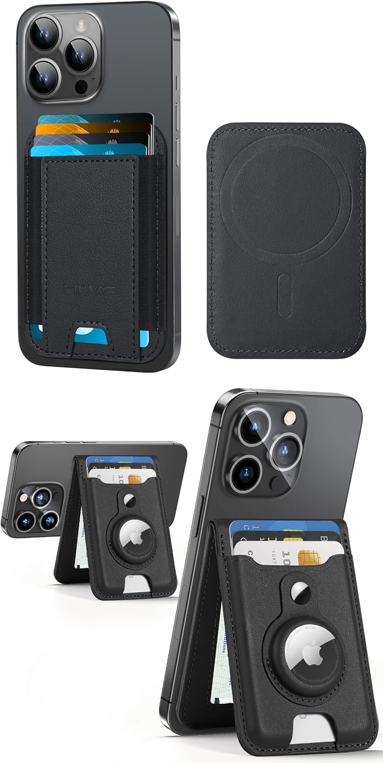HiWe MagSafe Wallet for iPhone 15/14/13/12 Series, Not for iPhone 13 Mini/12 Mini, Black Faux Leather Unisex Minimalist Magnetic Wallet