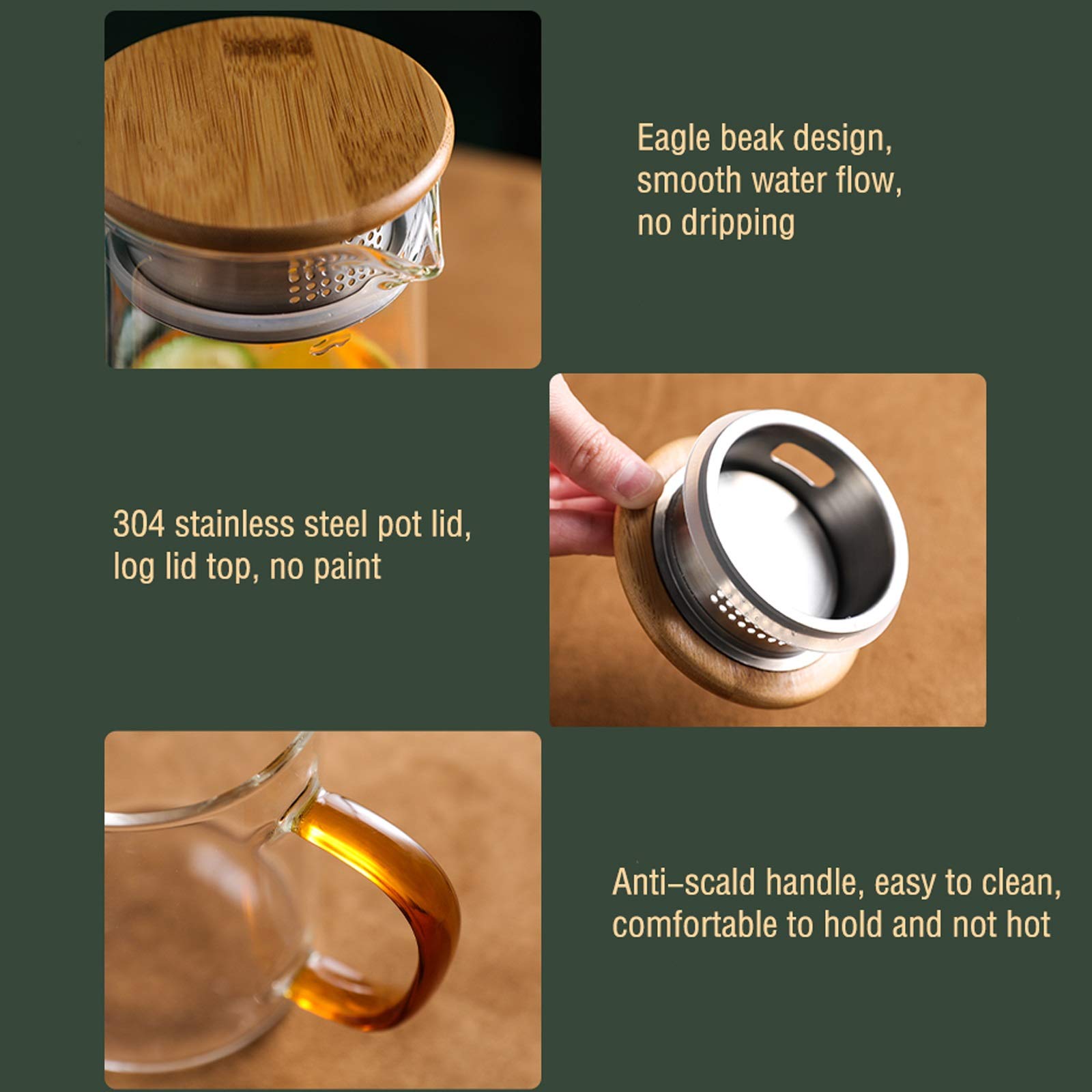 LOWLIU Caraffe di tè Freddo Brocca di Vetro con Coperchio del Filtro Caraffa in Vetro con Una Linea di Laurea di precisione for la brocca di Succo di tè Freddo, Bevande Fredde/Calde brocche