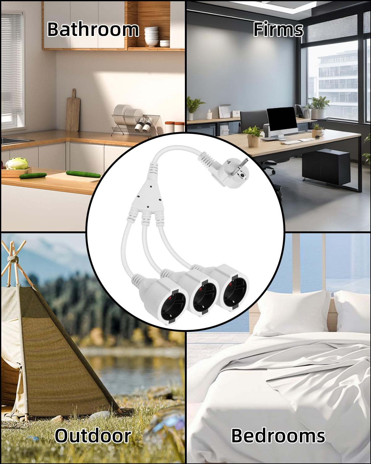 GELRHONR Cable de extensión de Contacto de protección, Cable de extensión Schuko 250V16A IP44 Contacto de protección Exterior Tipo F (CEE 7/7) en Enchufe, para el hogar, la Cocina (Negro 1to 3)