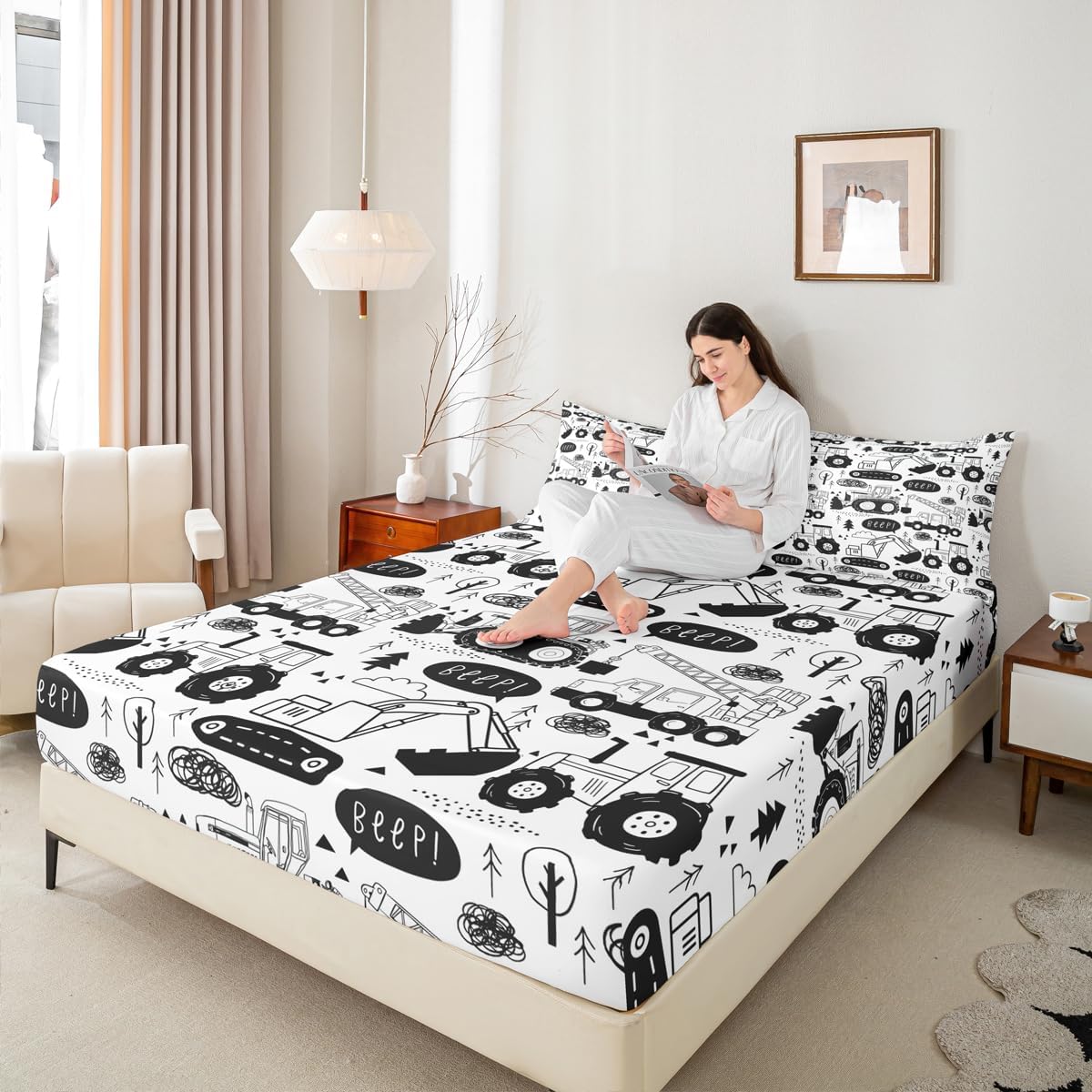 Manfei Cartoon Cars Kids Fitted Sheet Twin Size,Tractor Truck Excavator Toddler Bedding Set,Girls Boys Adults Room Decor,Construction Vehicles Bed Cover,Black White Chic Bed Sheet,1 Pillowcase