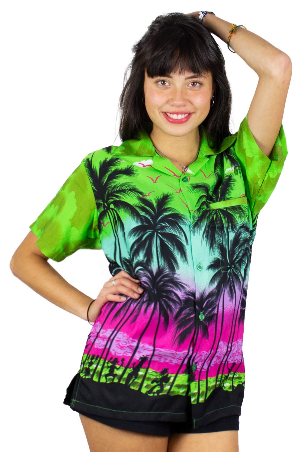 V.h.o. Women's Beach Green Funky Hawaiian Blouse Shirt, Shortsleeve, Beach, Green, 6XL