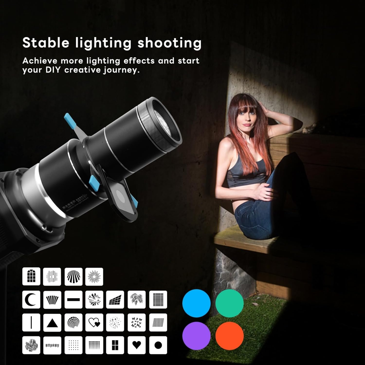 Bowens Mount Snoot Photography, Optical Snoot kit for Monolight Portraits/Flash Speedlite/LED Light, Compatible with Aputure Storm 400X Amaran 100X/D 200D/X,Godox SL60 etc,4 Color Filters,25 Gobos