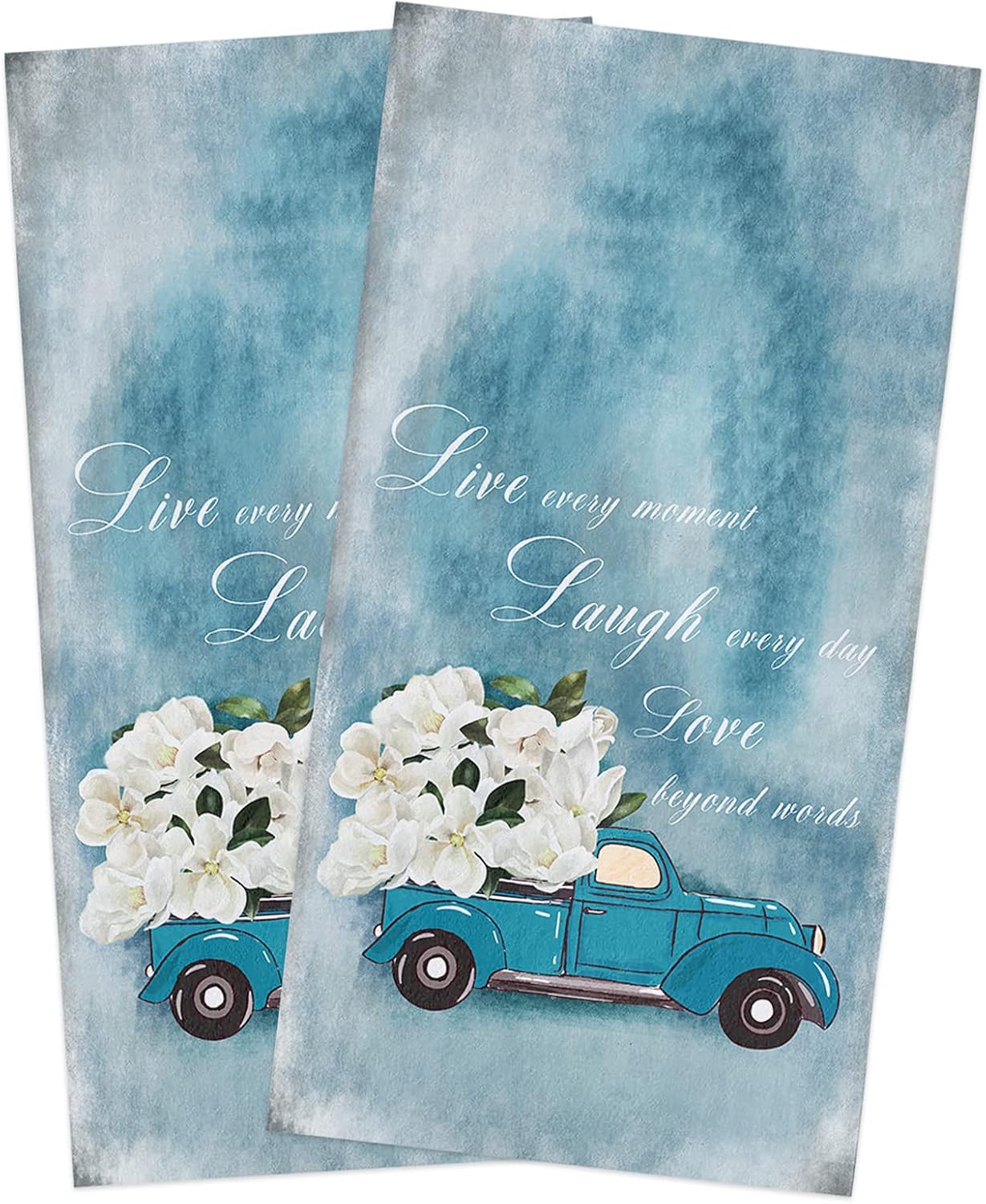 White Flower Floral Blue Truck Kitchen Towels, 18x28 Inches Soft Dish Cloth,Cotton Tea Towels/Bar Towels/Hand Towels for Bathroom(2 Pack)