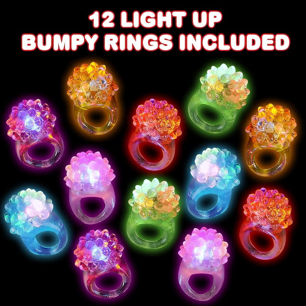 ArtCreativity Light Up Bumpy Rings for Kids, Set of 12, Flashing Accessories for Boys & Girls in Assorted Colors, Light-Up Party Favors for Children, Goodie Bag Fillers and Stocking Stuffers