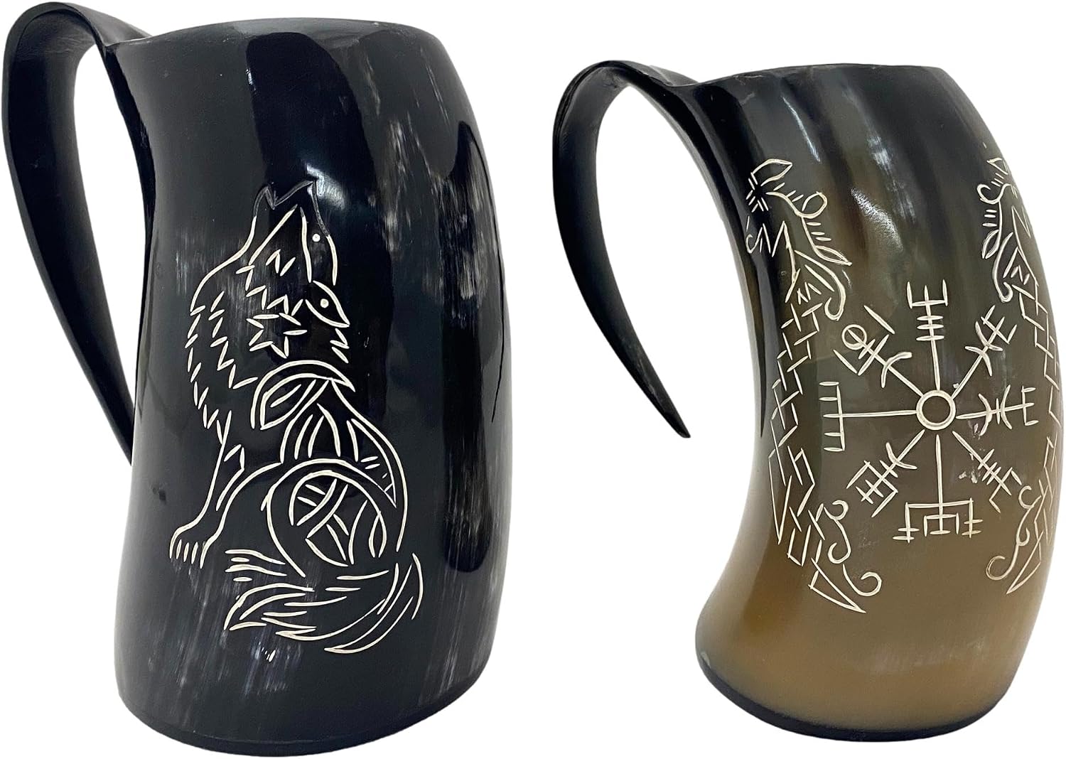 Buffalo Horn Tankard 6-7 Inch - Howling Fenrir or Compass Viking Mug - Medieval Drinking Vessel - Viking Handicrafts Wolf Engraved Drinking Horn Mug Authentic Tankard Horn Mug (Wolf)