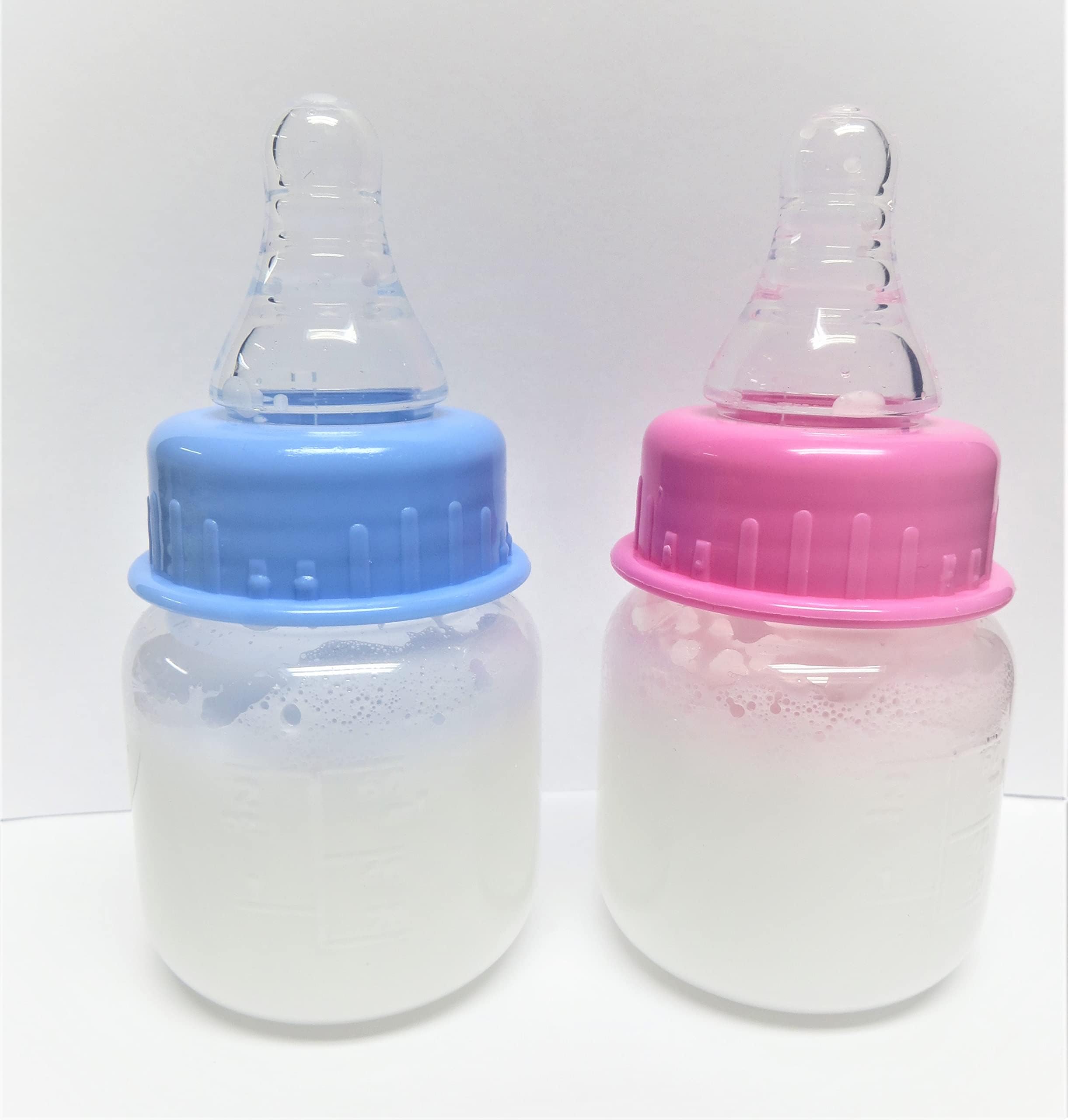 Reborn Doll Bottles Twin Boy Girl Set 2oz Fake Milk (Pink + Blue) Designs Vary Prop Age:12yrs+ NO Hole Nipples.