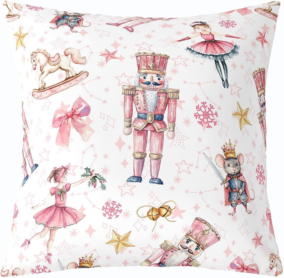 Erosebridal Pack of 1 Pink Christmas Nutcracker Throw Pillow Covers - Winter Snowflake Pillow Cases for Girls Kids, Winter Themed Cushion Covers 24x24, Cute Xmas Decorations Pillowcases