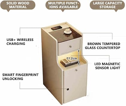 Nightstand, Solid Wood, LED Sensor Light, bedside side table with Tea-colored Glass Top, night stand Ideal for Small Spaces, Optional Smart Wireless Charging and Fingerprint Lock(Black,B_11.8I