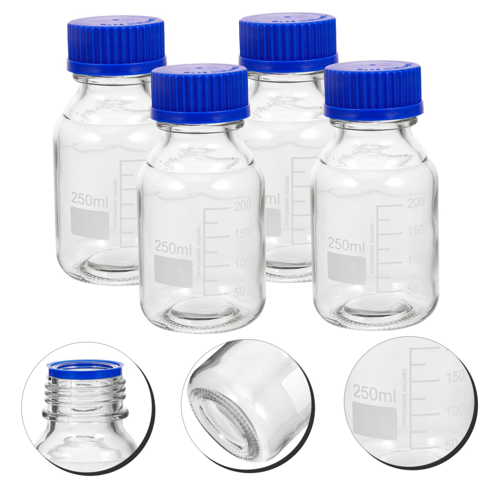 MAGICLULU Set 4 Bottiglie di Vetro Graduato da 250ml con Tappo a Vite Blu, Resistenti Agli Urti e Lavabili, per Laboratorio e Conservazione Reagenti in Ambienti Chimici