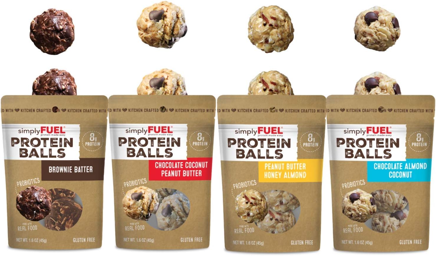 simplyFUEL Protein Ball Variety Pack | 4 Pack | 2 Balls Each | Probiotic + High Protein Whole Food Snack | Certified Organic Ingredients | 8 g Whole Food Protein | Gluten Free Oats | All 4 Flavors