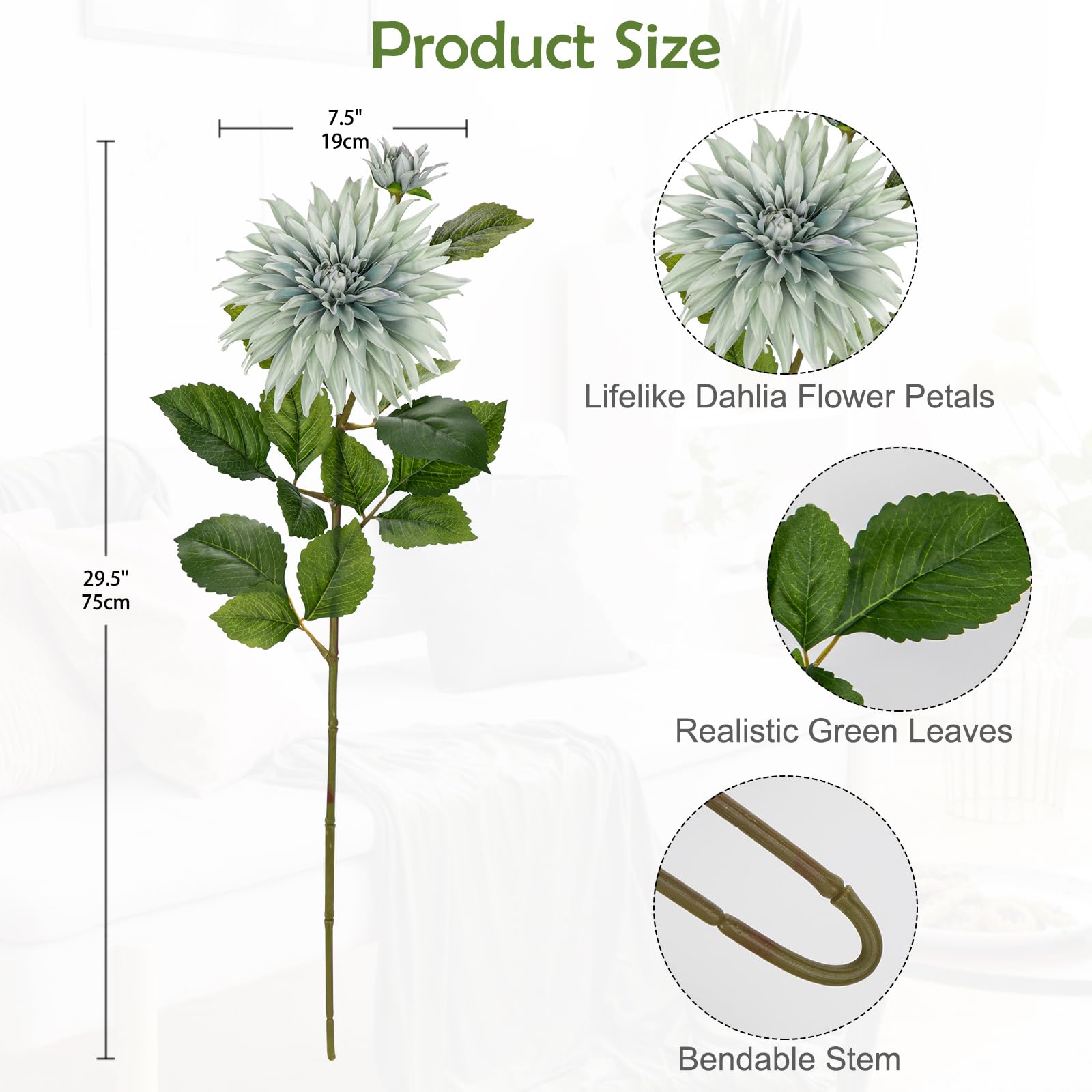 Hollyone 7.5'' Large Artificial Dahlia Flowers with Long Stems, 3pcs Blue Fake Flowers and 3pcs Decorative Faux Buds - Image 2