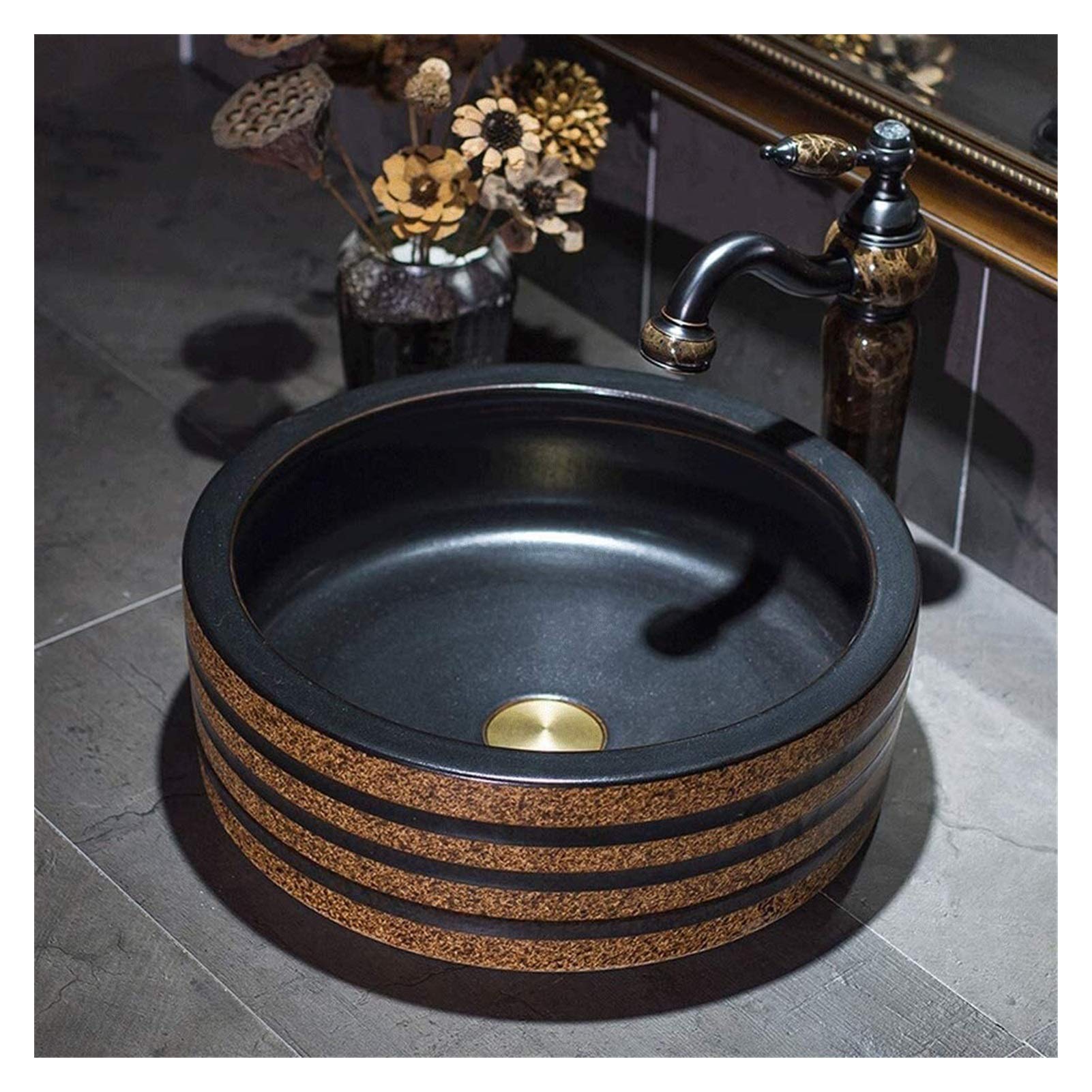 OLSKFUH Bathroom Vessel Sink, Antique Vanity Bowl Basin Black Round Porcelain Ceramic Vessel Sink Bathroom Vanity Sinks Above Counter Art Bowl Washing Basin,