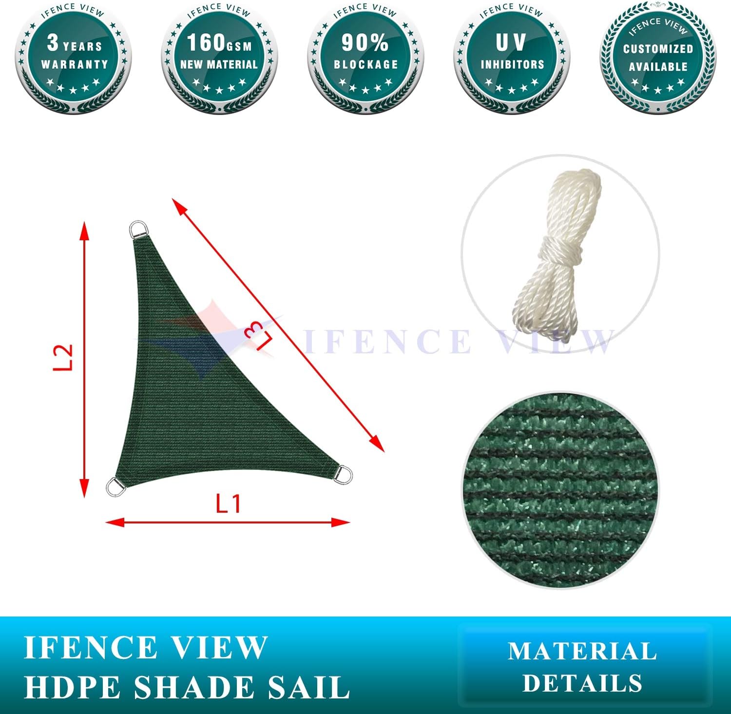 Ifenceview Right Triangle UV Sun Shade Sail for Patio Yard Driveway Canopy Awning Outdoor Facility (5'x5'x7', Green)