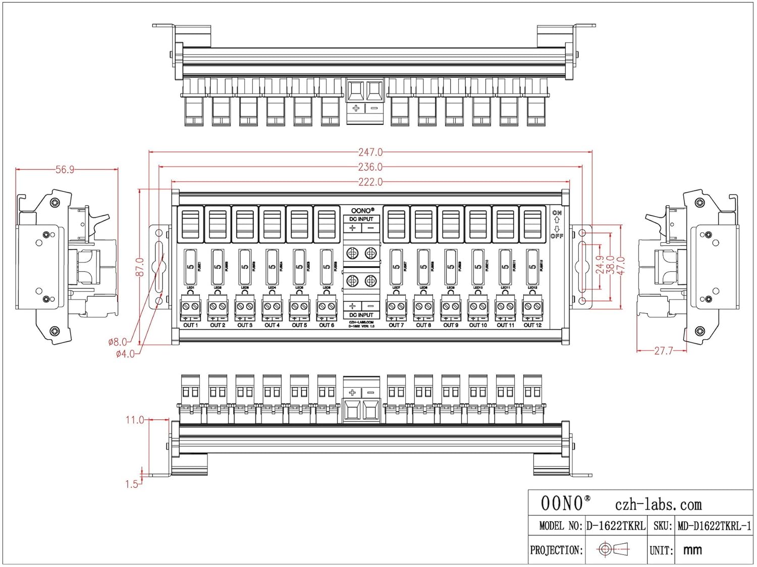 DC Power Distribution Module, Rocker Switch, Fused, Pluggable Top Wiring Terminal Block, DIN Rail and Screw Mount (12 Channel)
