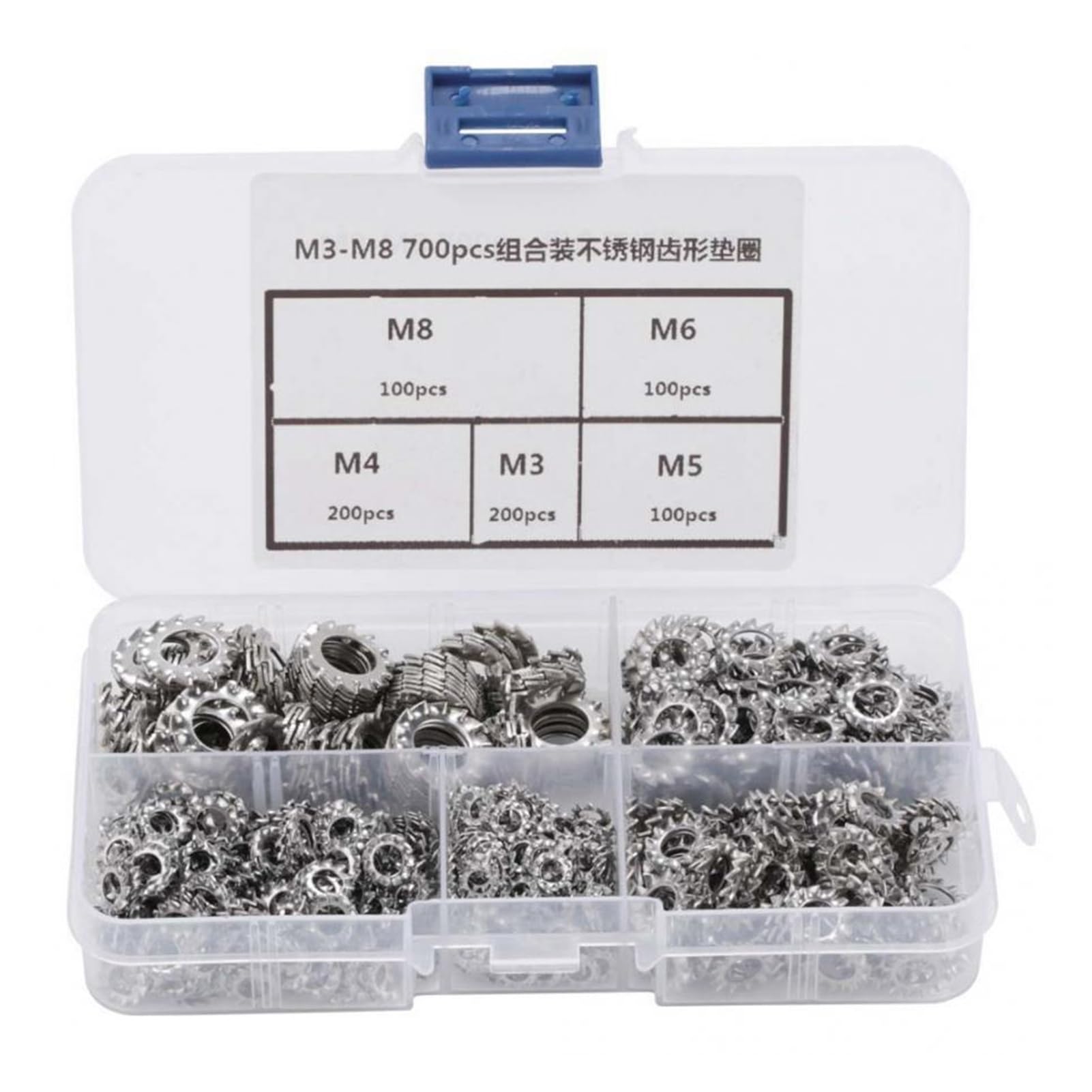SSIMOO 700 Stück M3/M4/M5/M6/M8 Kombinationsbox Edelstahl 304 Außenverzahnte Sterndichtung Fächerscheiben-Sortiment kindly