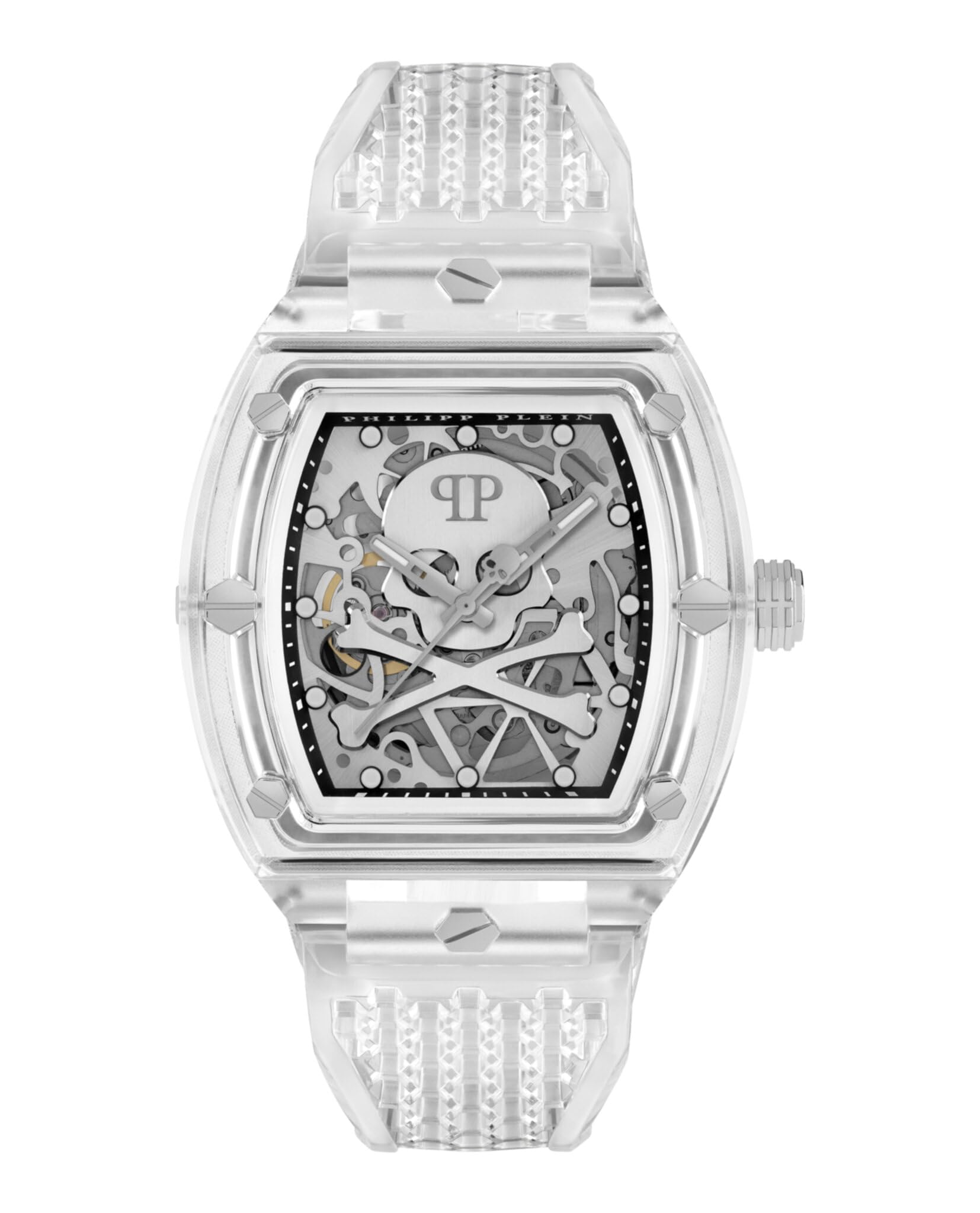 Philipp Plein The $keleton Crystal Collection Luxury Mens Watch Timepieces with a Transparent Strap and Case Featuring a Silver Dial