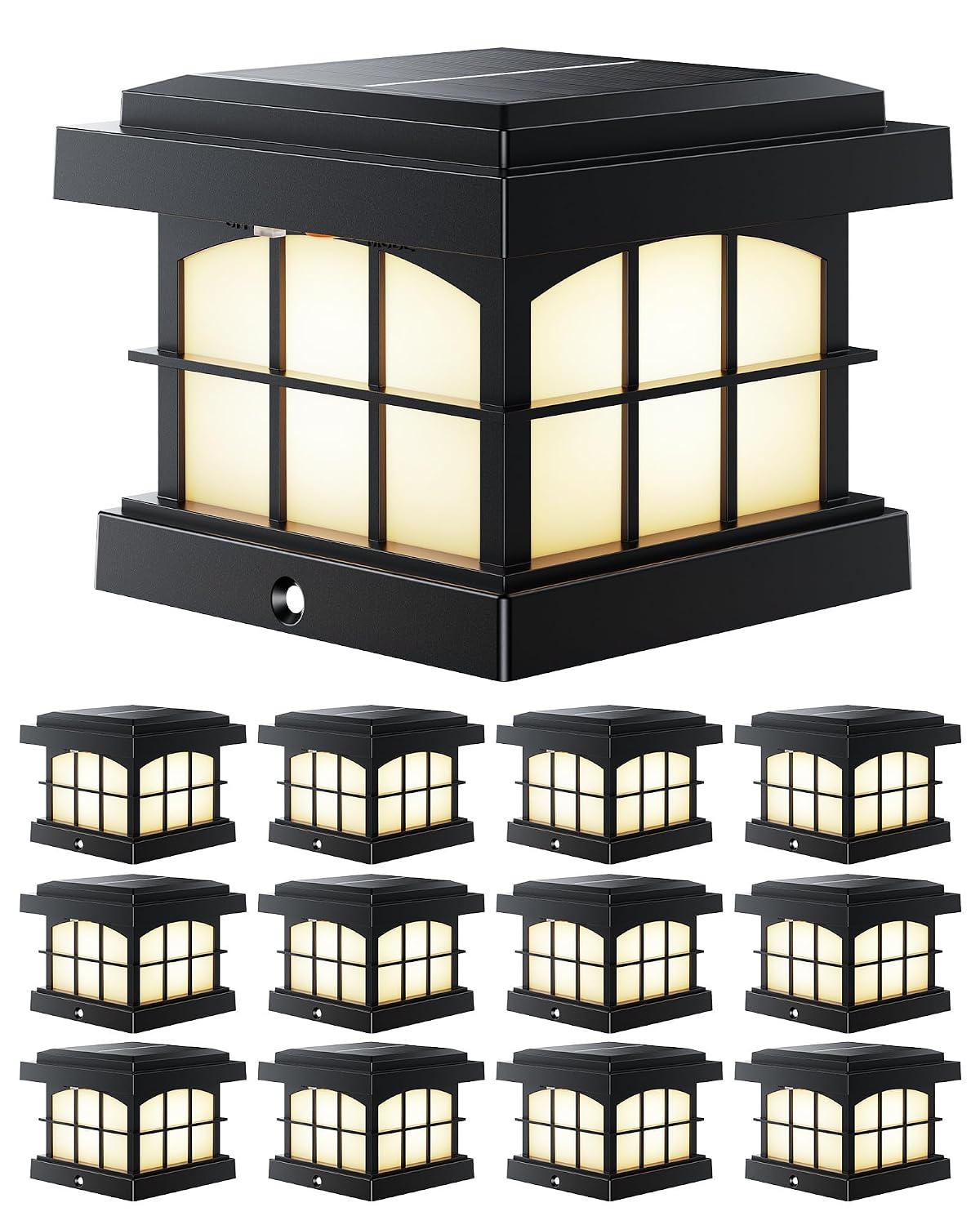 PARTPHONER Solar Post Cap Lights, 12-Pack, RGBCW, Black, Waterproof LED for