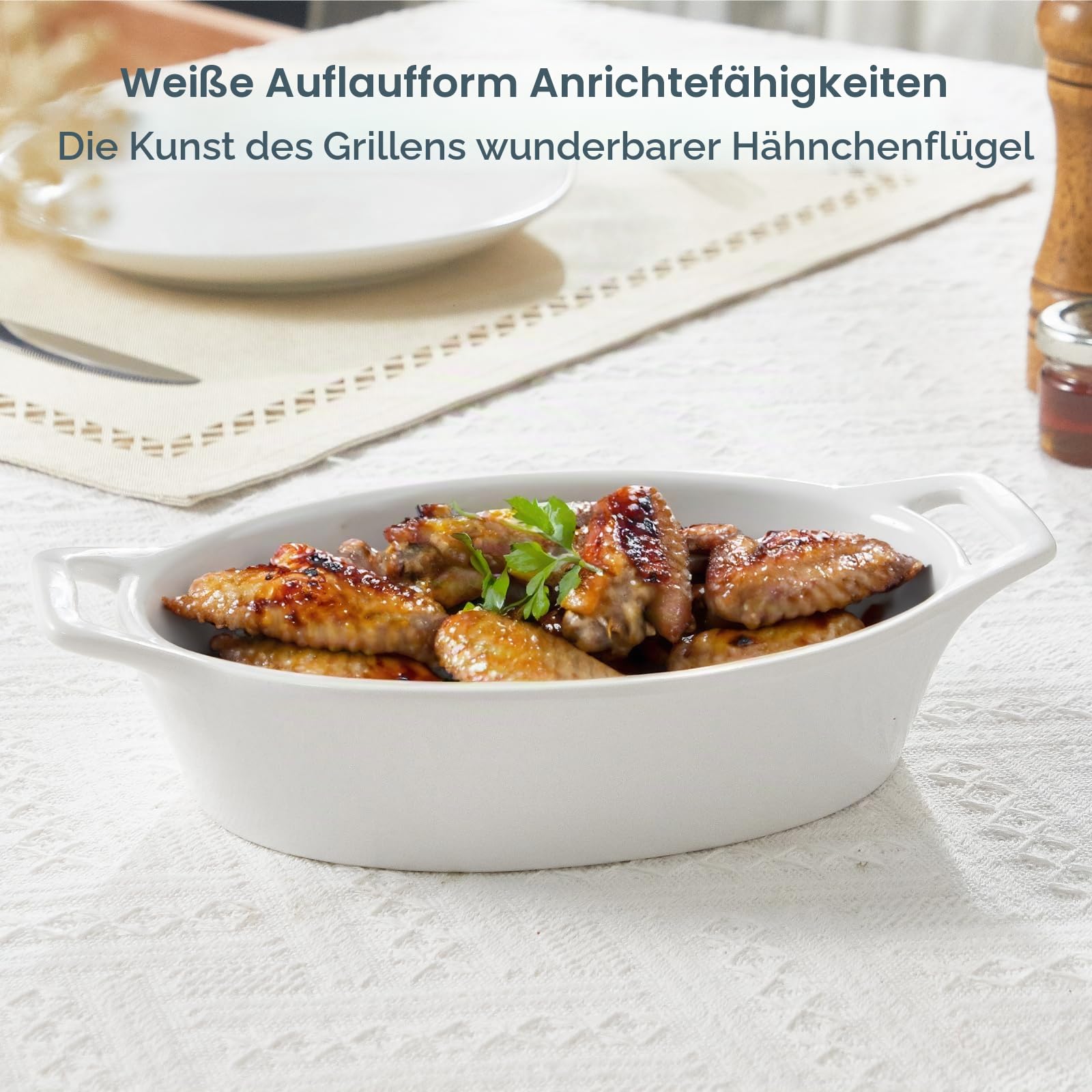 ONEMORE Au Gratin Auflaufform, 590 ml, einzelne Auflaufformen für ofenfest, ovale Keramik-Backform mit Griffen, Set mit 4 Au Gratin Pfannen zum Braten, Lasagne, Backen von Fleisch und Gemüse, Weiß