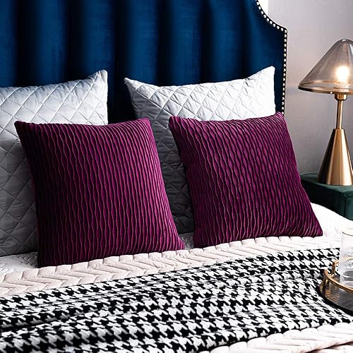 Miniatura 5 de DEZENE - Fundas de almohada de terciopelo púrpura 18x18 paquete de 2 fundas de almohada decorativas originales a rayas cuadradas para sofá de granja