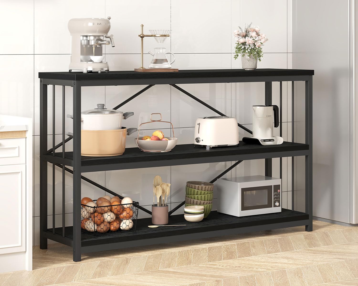 IBF Low Horizontal Book Shelf, Industrial Modern 3 Tier Bookshelf, Farmhouse Short Open Storage Organizer Long Shelf, Simple Wide Wood Metal Sturdy Etagere for Bedroom Living Room, Black Oak, 47 in