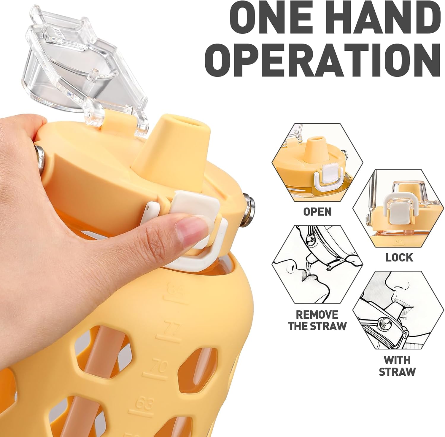 MUKOKO 84 oz Glass Water Bottles,2.5 Liter Gallon Drinking Bottle with Handle,Large Glass Water Jug with Silicone Sleeve for Gym Sports,Time Marker,Wide Mouth,Yellow - Image 2